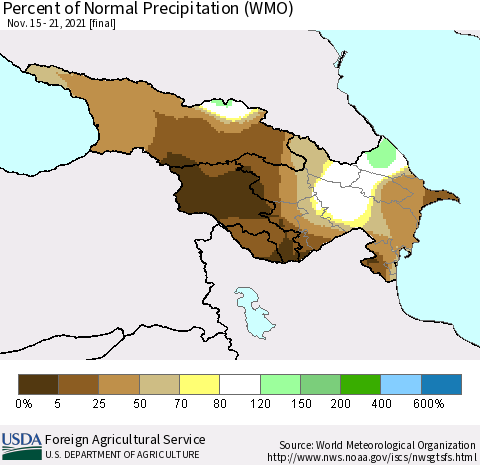 Azerbaijan, Armenia and Georgia Percent of Normal Precipitation (WMO) Thematic Map For 11/15/2021 - 11/21/2021