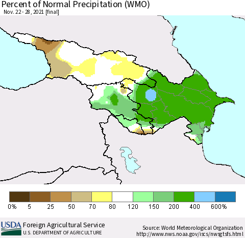 Azerbaijan, Armenia and Georgia Percent of Normal Precipitation (WMO) Thematic Map For 11/22/2021 - 11/28/2021