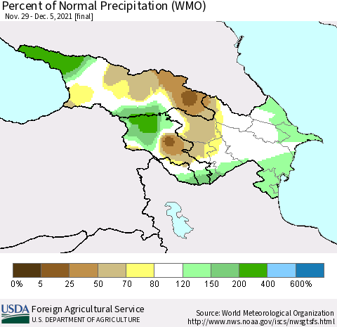 Azerbaijan, Armenia and Georgia Percent of Normal Precipitation (WMO) Thematic Map For 11/29/2021 - 12/5/2021