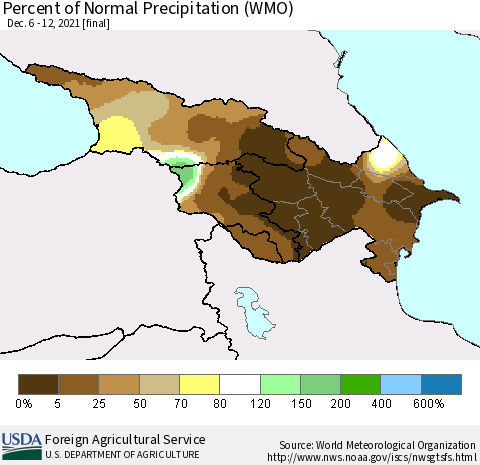 Azerbaijan, Armenia and Georgia Percent of Normal Precipitation (WMO) Thematic Map For 12/6/2021 - 12/12/2021