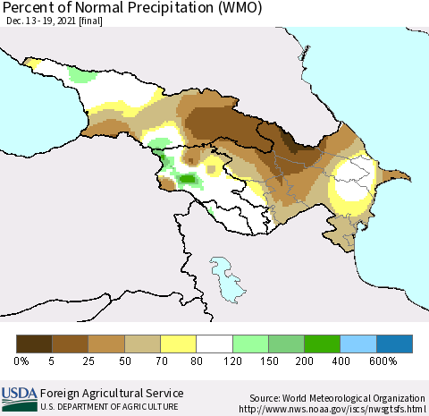 Azerbaijan, Armenia and Georgia Percent of Normal Precipitation (WMO) Thematic Map For 12/13/2021 - 12/19/2021