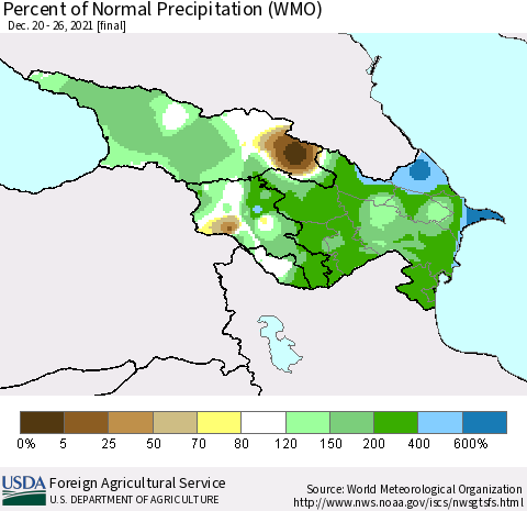 Azerbaijan, Armenia and Georgia Percent of Normal Precipitation (WMO) Thematic Map For 12/20/2021 - 12/26/2021