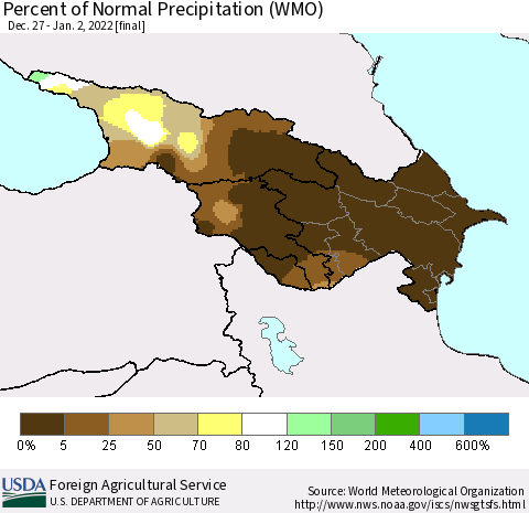 Azerbaijan, Armenia and Georgia Percent of Normal Precipitation (WMO) Thematic Map For 12/27/2021 - 1/2/2022