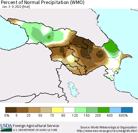 Azerbaijan, Armenia and Georgia Percent of Normal Precipitation (WMO) Thematic Map For 1/3/2022 - 1/9/2022