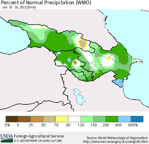 Azerbaijan, Armenia and Georgia Percent of Normal Precipitation (WMO) Thematic Map For 1/10/2022 - 1/16/2022