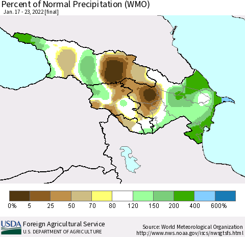 Azerbaijan, Armenia and Georgia Percent of Normal Precipitation (WMO) Thematic Map For 1/17/2022 - 1/23/2022