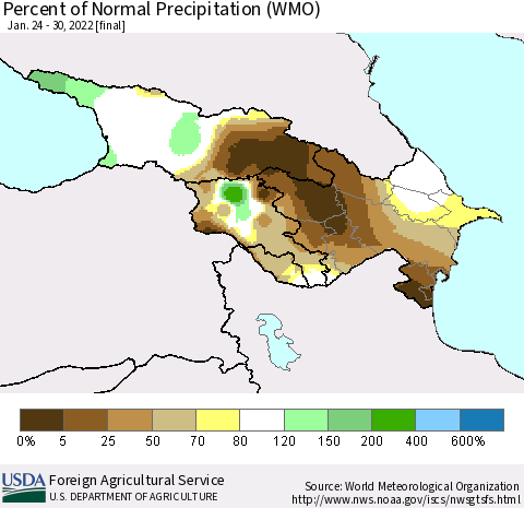 Azerbaijan, Armenia and Georgia Percent of Normal Precipitation (WMO) Thematic Map For 1/24/2022 - 1/30/2022