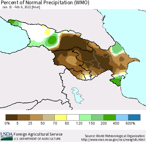 Azerbaijan, Armenia and Georgia Percent of Normal Precipitation (WMO) Thematic Map For 1/31/2022 - 2/6/2022