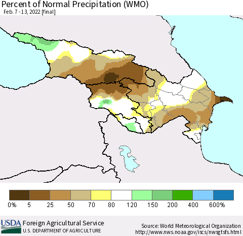 Azerbaijan, Armenia and Georgia Percent of Normal Precipitation (WMO) Thematic Map For 2/7/2022 - 2/13/2022