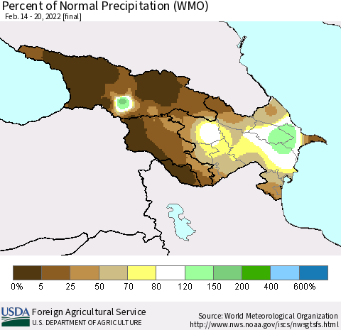 Azerbaijan, Armenia and Georgia Percent of Normal Precipitation (WMO) Thematic Map For 2/14/2022 - 2/20/2022