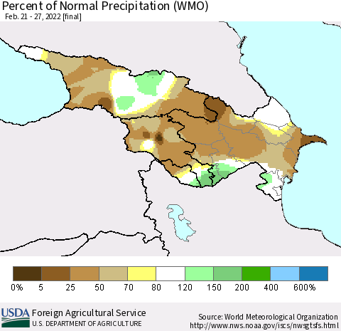 Azerbaijan, Armenia and Georgia Percent of Normal Precipitation (WMO) Thematic Map For 2/21/2022 - 2/27/2022