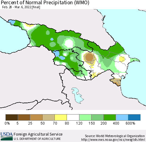 Azerbaijan, Armenia and Georgia Percent of Normal Precipitation (WMO) Thematic Map For 2/28/2022 - 3/6/2022