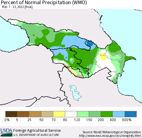 Azerbaijan, Armenia and Georgia Percent of Normal Precipitation (WMO) Thematic Map For 3/7/2022 - 3/13/2022