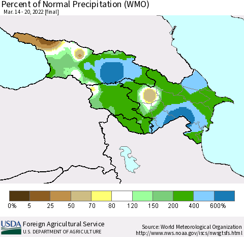 Azerbaijan, Armenia and Georgia Percent of Normal Precipitation (WMO) Thematic Map For 3/14/2022 - 3/20/2022