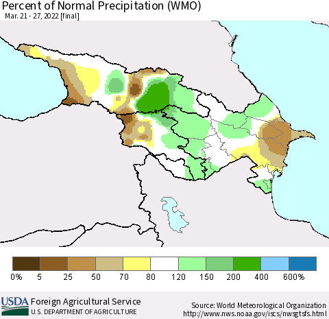 Azerbaijan, Armenia and Georgia Percent of Normal Precipitation (WMO) Thematic Map For 3/21/2022 - 3/27/2022
