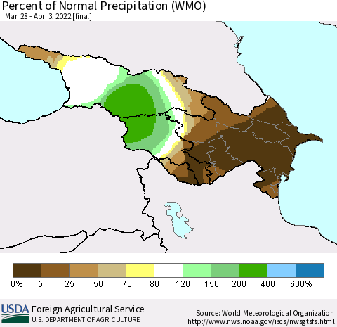 Azerbaijan, Armenia and Georgia Percent of Normal Precipitation (WMO) Thematic Map For 3/28/2022 - 4/3/2022