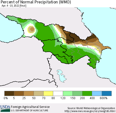 Azerbaijan, Armenia and Georgia Percent of Normal Precipitation (WMO) Thematic Map For 4/4/2022 - 4/10/2022