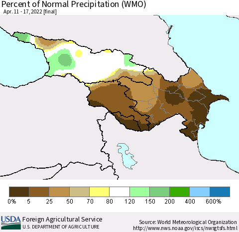 Azerbaijan, Armenia and Georgia Percent of Normal Precipitation (WMO) Thematic Map For 4/11/2022 - 4/17/2022