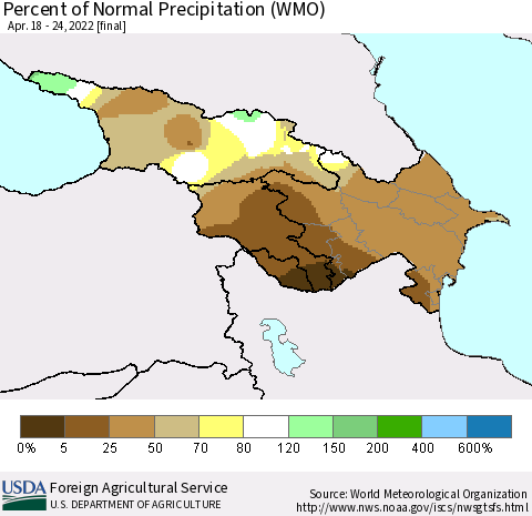 Azerbaijan, Armenia and Georgia Percent of Normal Precipitation (WMO) Thematic Map For 4/18/2022 - 4/24/2022