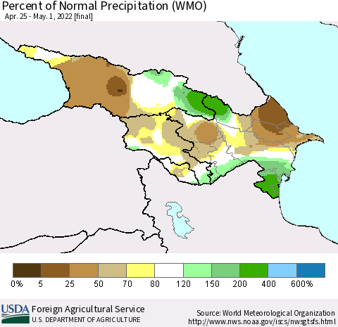 Azerbaijan, Armenia and Georgia Percent of Normal Precipitation (WMO) Thematic Map For 4/25/2022 - 5/1/2022