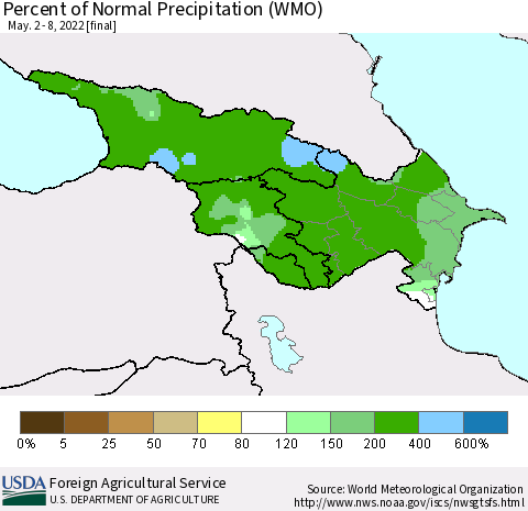 Azerbaijan, Armenia and Georgia Percent of Normal Precipitation (WMO) Thematic Map For 5/2/2022 - 5/8/2022