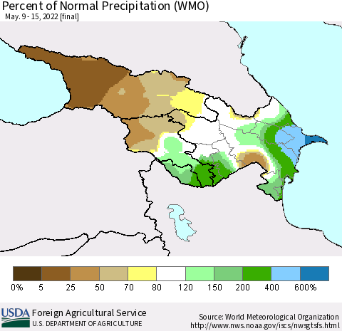 Azerbaijan, Armenia and Georgia Percent of Normal Precipitation (WMO) Thematic Map For 5/9/2022 - 5/15/2022