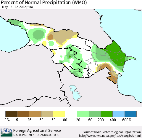 Azerbaijan, Armenia and Georgia Percent of Normal Precipitation (WMO) Thematic Map For 5/16/2022 - 5/22/2022