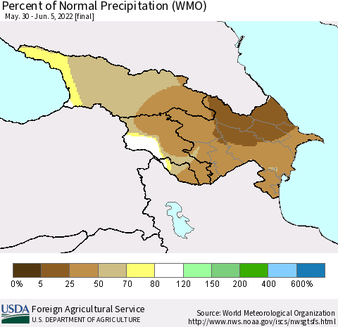 Azerbaijan, Armenia and Georgia Percent of Normal Precipitation (WMO) Thematic Map For 5/30/2022 - 6/5/2022