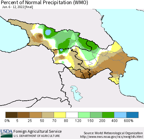 Azerbaijan, Armenia and Georgia Percent of Normal Precipitation (WMO) Thematic Map For 6/6/2022 - 6/12/2022