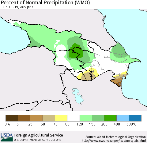 Azerbaijan, Armenia and Georgia Percent of Normal Precipitation (WMO) Thematic Map For 6/13/2022 - 6/19/2022