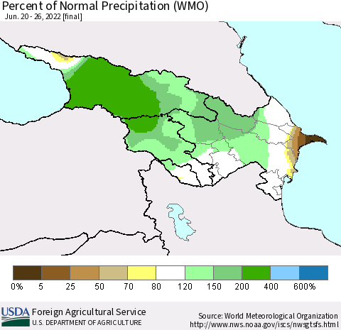 Azerbaijan, Armenia and Georgia Percent of Normal Precipitation (WMO) Thematic Map For 6/20/2022 - 6/26/2022