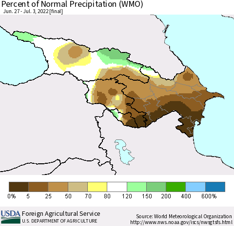 Azerbaijan, Armenia and Georgia Percent of Normal Precipitation (WMO) Thematic Map For 6/27/2022 - 7/3/2022