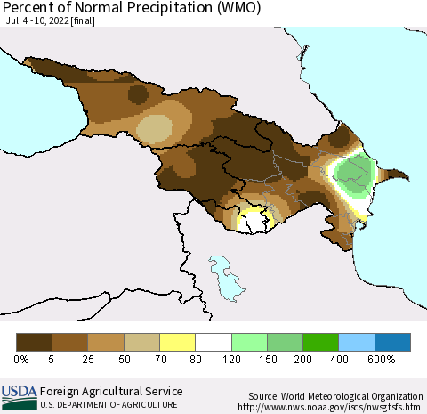 Azerbaijan, Armenia and Georgia Percent of Normal Precipitation (WMO) Thematic Map For 7/4/2022 - 7/10/2022