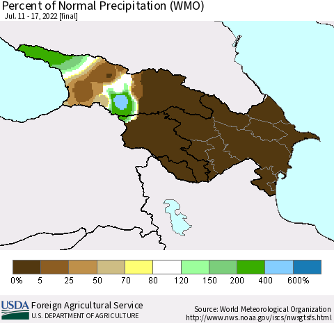 Azerbaijan, Armenia and Georgia Percent of Normal Precipitation (WMO) Thematic Map For 7/11/2022 - 7/17/2022