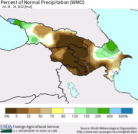 Azerbaijan, Armenia and Georgia Percent of Normal Precipitation (WMO) Thematic Map For 7/18/2022 - 7/24/2022