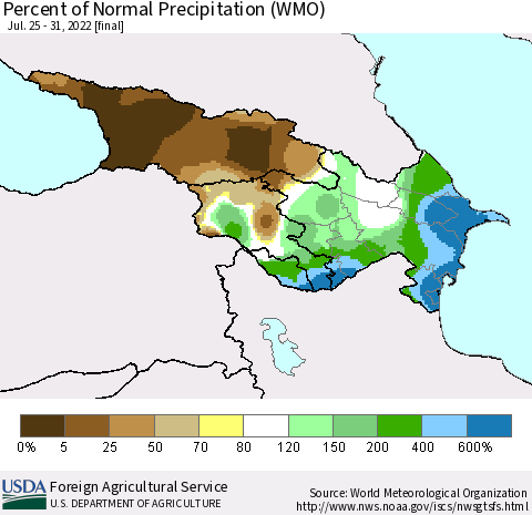 Azerbaijan, Armenia and Georgia Percent of Normal Precipitation (WMO) Thematic Map For 7/25/2022 - 7/31/2022