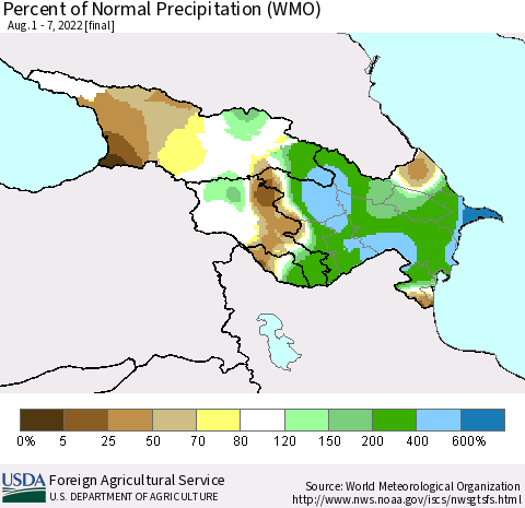 Azerbaijan, Armenia and Georgia Percent of Normal Precipitation (WMO) Thematic Map For 8/1/2022 - 8/7/2022