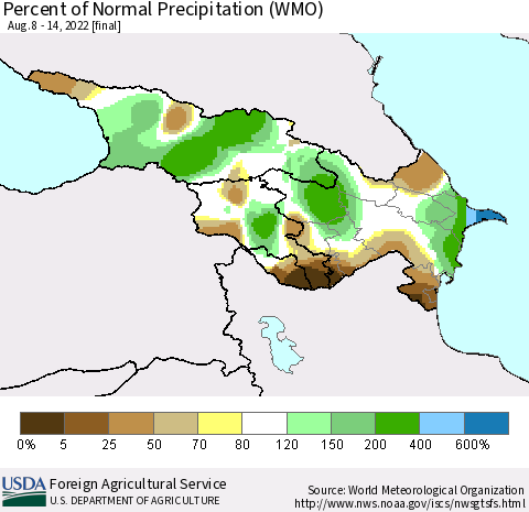 Azerbaijan, Armenia and Georgia Percent of Normal Precipitation (WMO) Thematic Map For 8/8/2022 - 8/14/2022