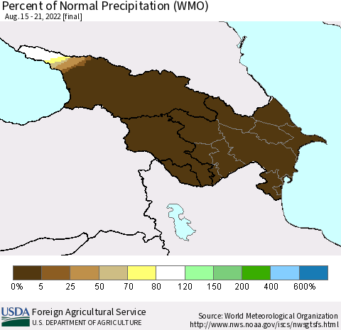Azerbaijan, Armenia and Georgia Percent of Normal Precipitation (WMO) Thematic Map For 8/15/2022 - 8/21/2022