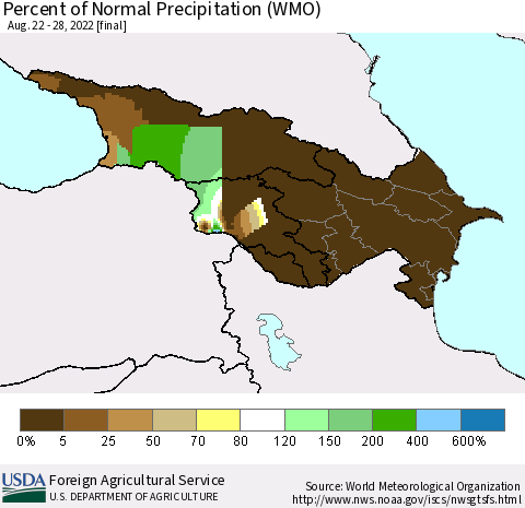 Azerbaijan, Armenia and Georgia Percent of Normal Precipitation (WMO) Thematic Map For 8/22/2022 - 8/28/2022