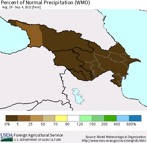 Azerbaijan, Armenia and Georgia Percent of Normal Precipitation (WMO) Thematic Map For 8/29/2022 - 9/4/2022