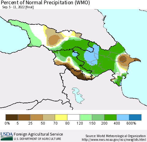 Azerbaijan, Armenia and Georgia Percent of Normal Precipitation (WMO) Thematic Map For 9/5/2022 - 9/11/2022
