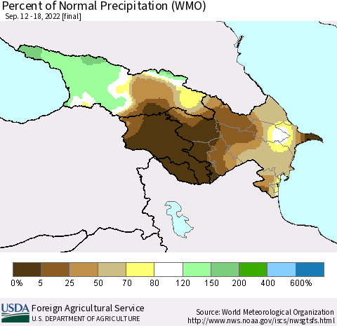 Azerbaijan, Armenia and Georgia Percent of Normal Precipitation (WMO) Thematic Map For 9/12/2022 - 9/18/2022