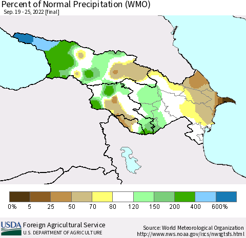 Azerbaijan, Armenia and Georgia Percent of Normal Precipitation (WMO) Thematic Map For 9/19/2022 - 9/25/2022