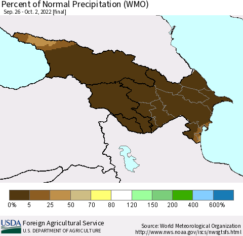Azerbaijan, Armenia and Georgia Percent of Normal Precipitation (WMO) Thematic Map For 9/26/2022 - 10/2/2022