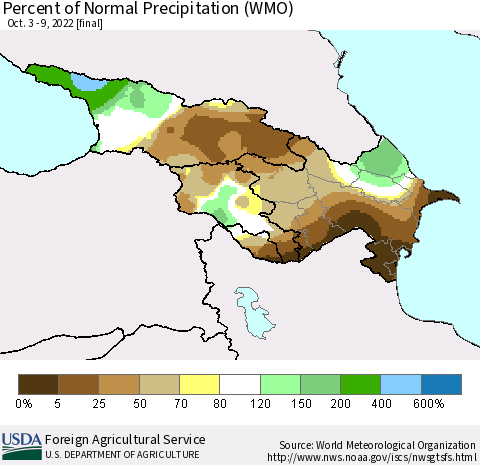 Azerbaijan, Armenia and Georgia Percent of Normal Precipitation (WMO) Thematic Map For 10/3/2022 - 10/9/2022