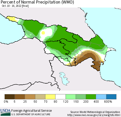 Azerbaijan, Armenia and Georgia Percent of Normal Precipitation (WMO) Thematic Map For 10/10/2022 - 10/16/2022