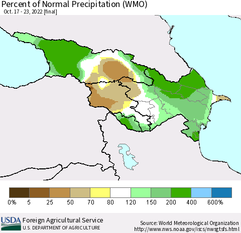 Azerbaijan, Armenia and Georgia Percent of Normal Precipitation (WMO) Thematic Map For 10/17/2022 - 10/23/2022