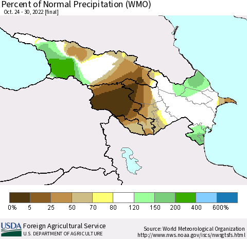 Azerbaijan, Armenia and Georgia Percent of Normal Precipitation (WMO) Thematic Map For 10/24/2022 - 10/30/2022