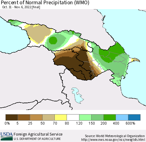 Azerbaijan, Armenia and Georgia Percent of Normal Precipitation (WMO) Thematic Map For 10/31/2022 - 11/6/2022